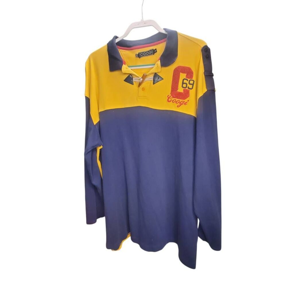 COOGI Long Sleeve Polo Shirt Men’s 3XL Colorblock Yellow Navy Rugby Style Embroi